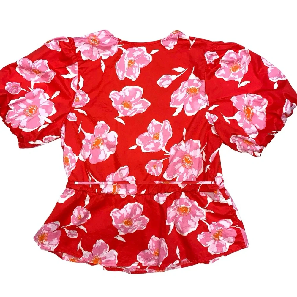 Old Navy Floral Wrap Blouse Puff Sleeves Large Red Cotton Lightweight V Neck